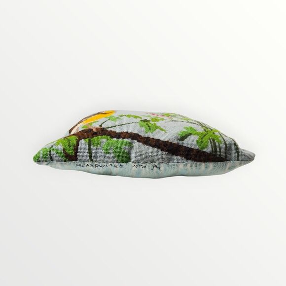 Vintage Needlepoint Bird In Tree Decor Throw Pillow 11"x11"  Signed 1990 - Picture 4 of 12